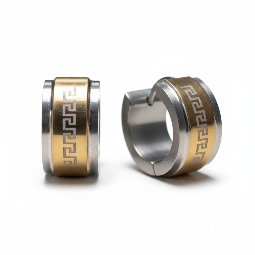 Oorringen – 13mm Mini Creool Grieks Motief RVS Bicolor Unisex - Aramat Jewels - Oorringen - cadeautip
