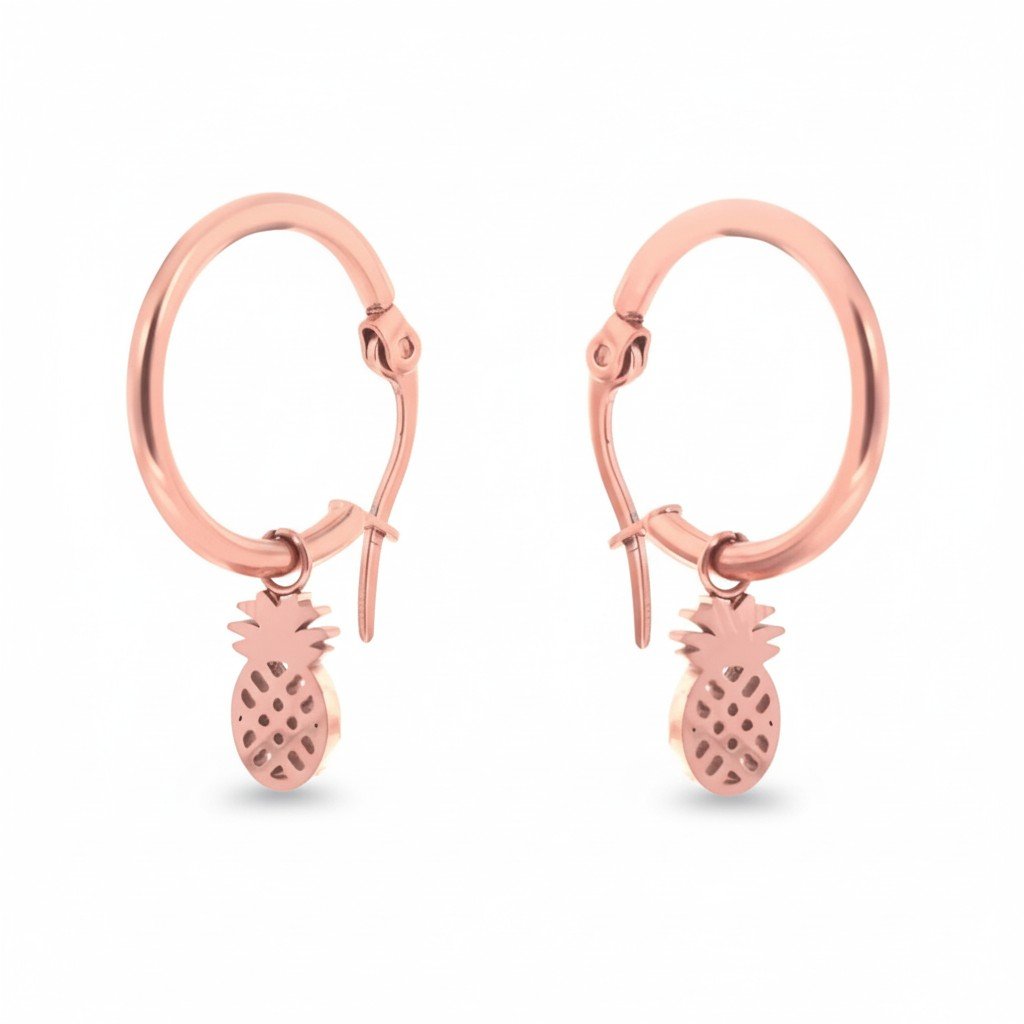 Oorringen – 16mm Creolen met Ananas Bedel RVS Rosékleur Dames - Aramat Jewels - Oorringen - cadeautip