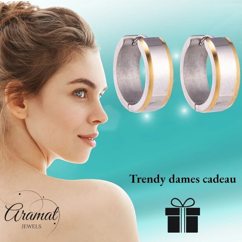 Oorringen – 20mm Bicolor Streep RVS Zilver/Goudkleur Unisex - Aramat Jewels - Oorringen - cadeautip