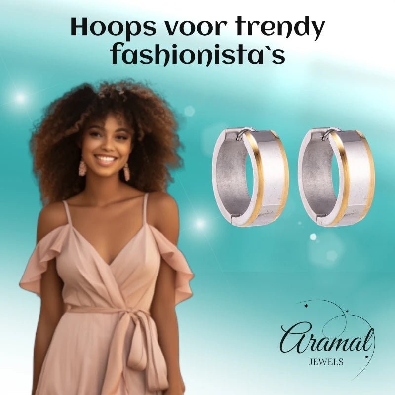 Oorringen – 20mm Bicolor Streep RVS Zilver/Goudkleur Unisex - Aramat Jewels - Oorringen - cadeautip