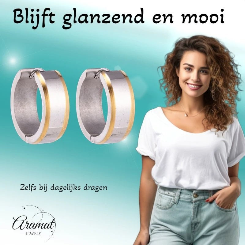 Oorringen – 20mm Bicolor Streep RVS Zilver/Goudkleur Unisex - Aramat Jewels - Oorringen - cadeautip