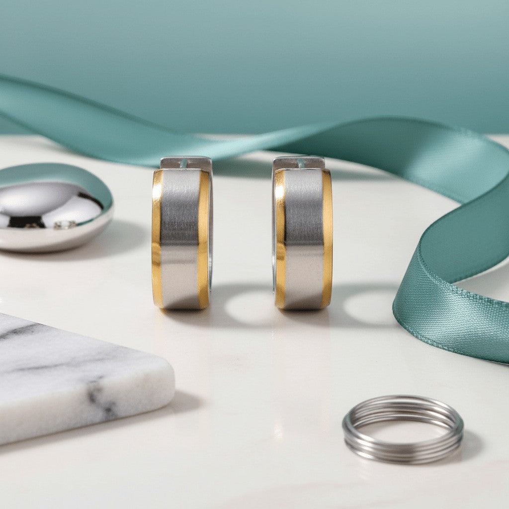 Oorringen – 20mm Bicolor Streep RVS Zilver/Goudkleur Unisex - Aramat Jewels - Oorringen - cadeautip