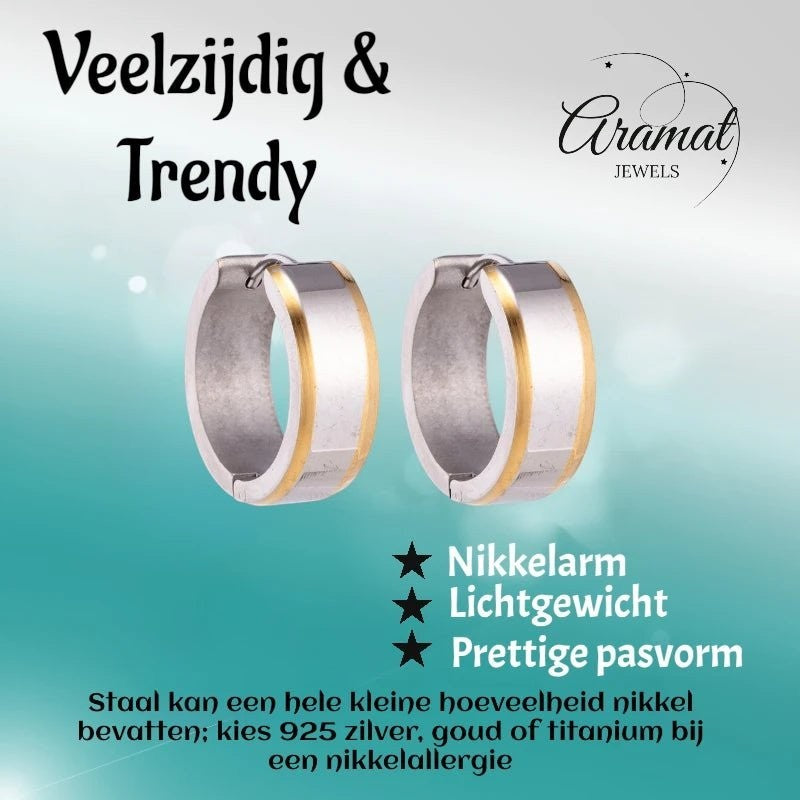 Oorringen – 20mm Bicolor Streep RVS Zilver/Goudkleur Unisex - Aramat Jewels - Oorringen - cadeautip