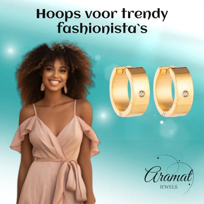 Oorringen – 20mm Glanzende Huggie Creool met Zirkonia RVS Goudkleur - Aramat Jewels - Oorringen - cadeautip