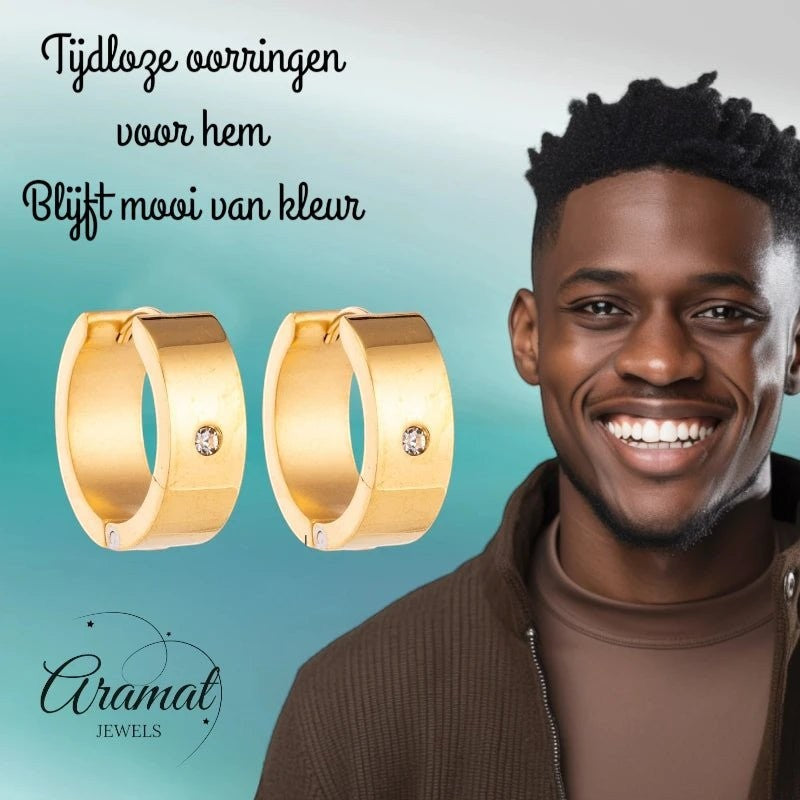 Oorringen – 20mm Glanzende Huggie Creool met Zirkonia RVS Goudkleur - Aramat Jewels - Oorringen - cadeautip