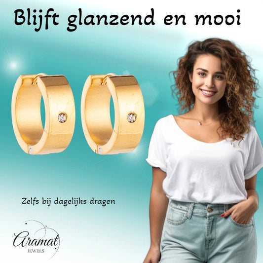 Oorringen – 20mm Glanzende Huggie Creool met Zirkonia RVS Goudkleur - Aramat Jewels - Oorringen - cadeautip
