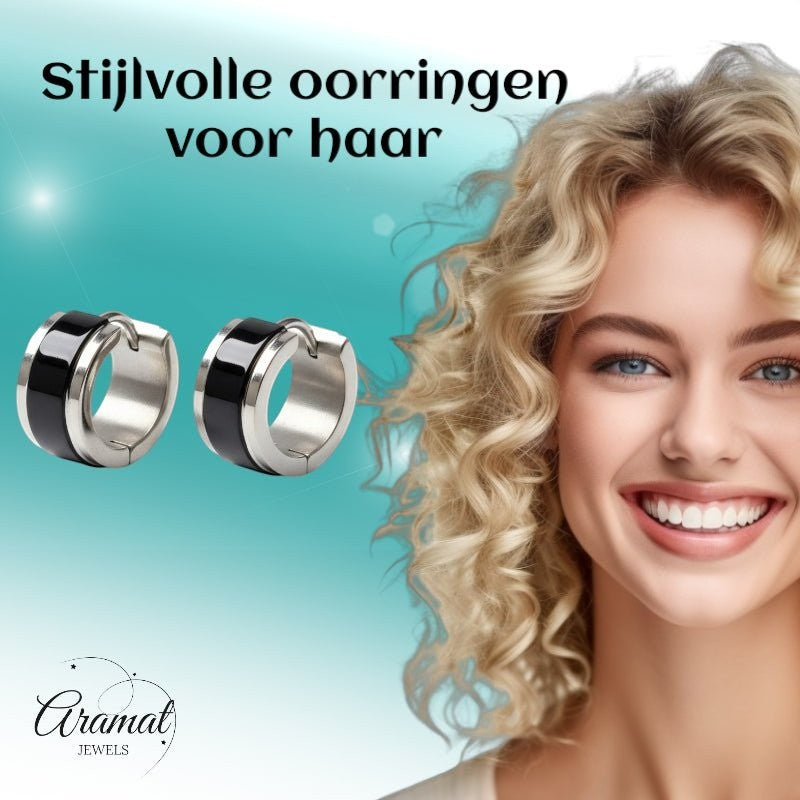 Oorringen – Bicolor RVS Glans Zwart/Zilver (13x7mm) - Aramat Jewels - Oorringen - cadeautip
