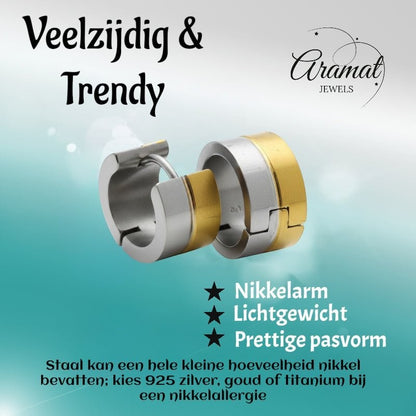 Oorringen – Bicolor RVS met Goudkleurige & Zilverkleurige Strepen (13mm) - Aramat Jewels - Oorringen - cadeautip