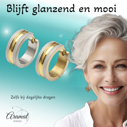 Oorringen – Mat Bicolor RVS Zilver/Goud Streepjes (20x7mm) - Aramat Jewels - Oorringen - cadeautip