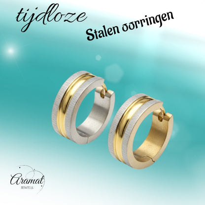 Oorringen – Mat Bicolor RVS Zilver/Goud Streepjes (20x7mm) - Aramat Jewels - Oorringen - cadeautip