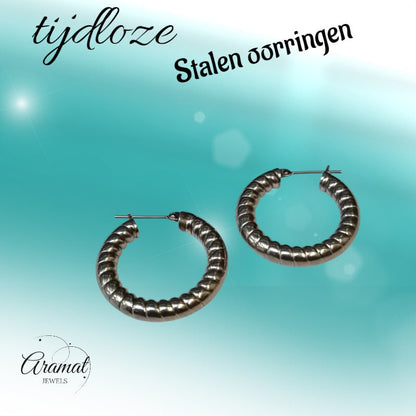 Oorringen – Staal Hol Streep Motief Zilverkleurig (30mm) - Aramat Jewels - Oorringen - cadeautip
