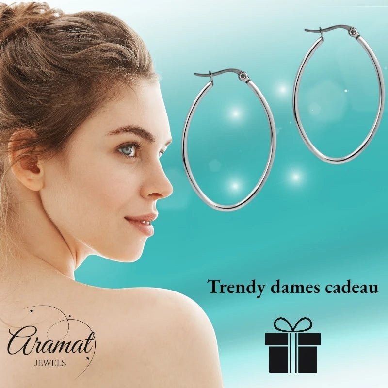 Oorringen – Stalen Ovale Hoepel Creolen RVS Zilverkleur (Diverse Maten) - Aramat Jewels - Oorringen - cadeautip
