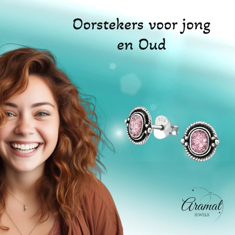 Oorstekers – 925 Zilver Bali Oorbellen Ovaal Roze Glitter 8x5mm Geoxideerd - Aramat Jewels - Oorbellen - cadeautip