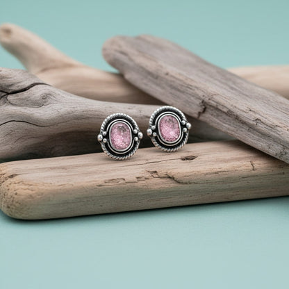 Oorstekers – 925 Zilver Bali Oorbellen Ovaal Roze Glitter 8x5mm Geoxideerd - Aramat Jewels - Oorbellen - cadeautip