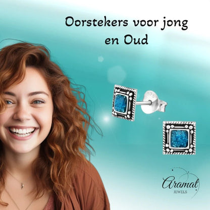 Oorstekers – Echt Zilver Bali Design Vierkant Blauw Emaille Glitter 6mm - Aramat Jewels - Oorbellen - cadeautip