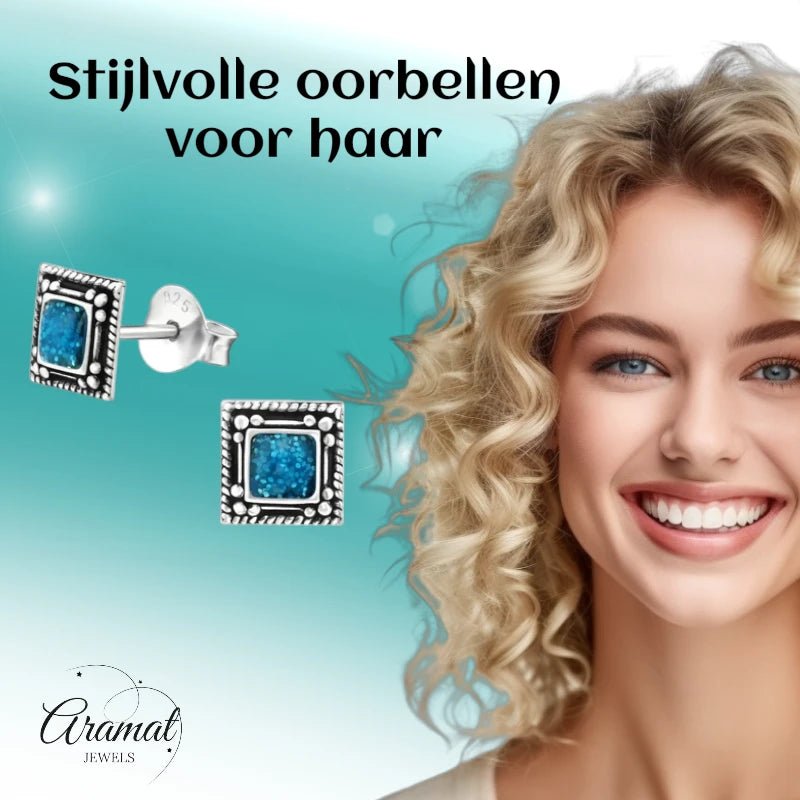 Oorstekers – Echt Zilver Bali Design Vierkant Blauw Emaille Glitter 6mm - Aramat Jewels - Oorbellen - cadeautip