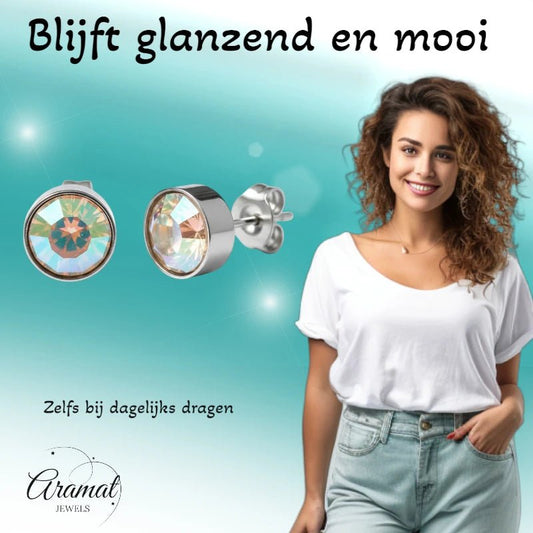 Oorstekers – Staal Kristal AB Transparant Zilverkleur (7mm) - Aramat Jewels - Oorbellen - cadeautip