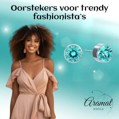 Oorstekers – Staal Kristal Aqua Blauw Zilverkleur (6mm) - Aramat Jewels - Oorbellen - cadeautip
