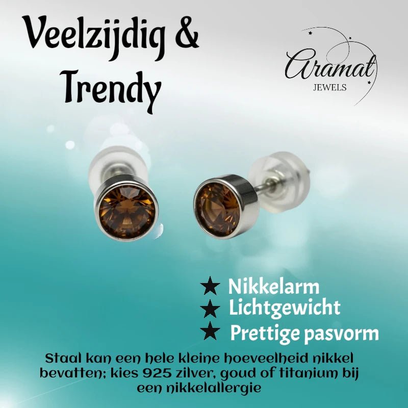 Oorstekers – Staal Kristal Bruin Zilverkleur (5mm) - Aramat Jewels - Oorbellen - cadeautip