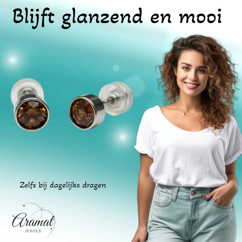 Oorstekers – Staal Kristal Bruin Zilverkleur (5mm) - Aramat Jewels - Oorbellen - cadeautip