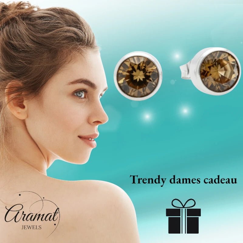 Oorstekers – Staal Kristal Bruin Zilverkleur (8mm) - Aramat Jewels - Oorbellen - cadeautip