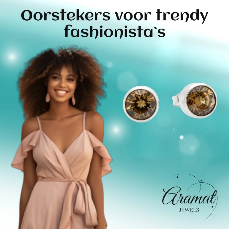 Oorstekers – Staal Kristal Bruin Zilverkleur (8mm) - Aramat Jewels - Oorbellen - cadeautip