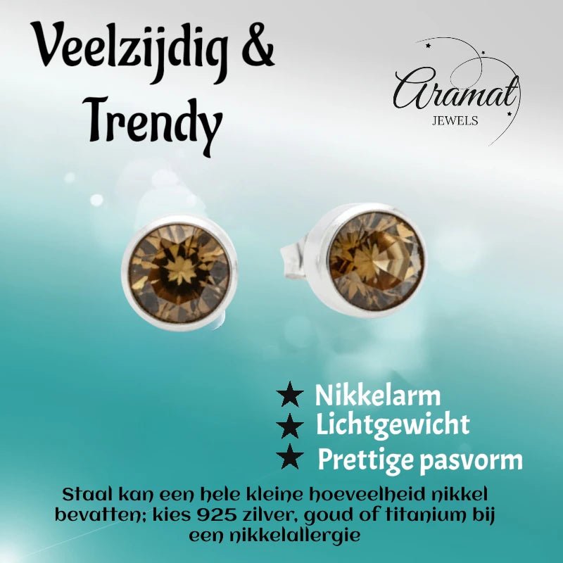 Oorstekers – Staal Kristal Bruin Zilverkleur (8mm) - Aramat Jewels - Oorbellen - cadeautip