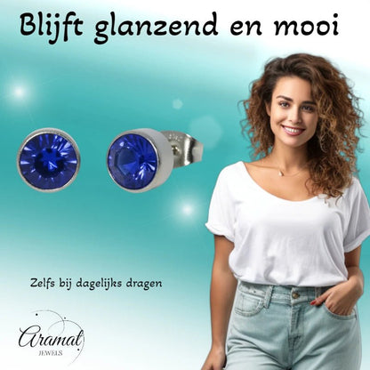 Oorstekers – Staal Kristal Donker Blauw Zilverkleur (7mm) - Aramat Jewels - Oorbellen - cadeautip