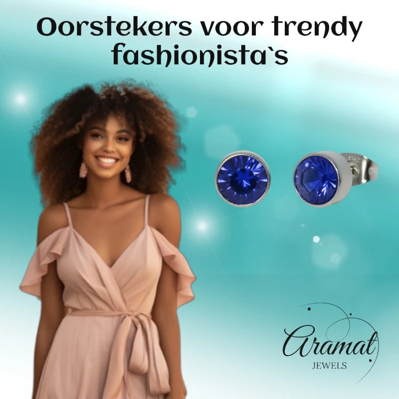 Oorstekers – Staal Kristal Donker Blauw Zilverkleur (7mm) - Aramat Jewels - Oorbellen - cadeautip