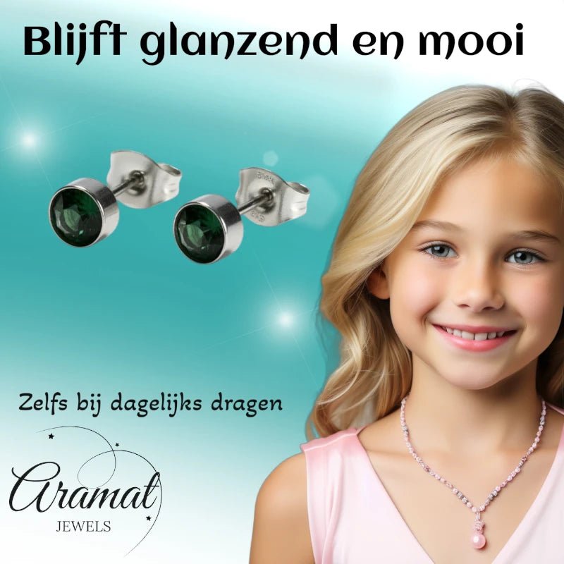 Oorstekers – Staal Kristal Donker Groen Zilverkleur (5mm) - Aramat Jewels - Oorbellen - cadeautip