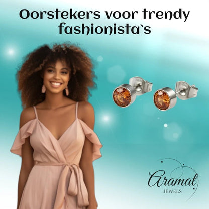 Oorstekers – Staal Kristal Oranje Zilverkleur (5mm) - Aramat Jewels - Oorbellen - cadeautip