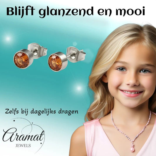 Oorstekers – Staal Kristal Oranje Zilverkleur (5mm) - Aramat Jewels - Oorbellen - cadeautip