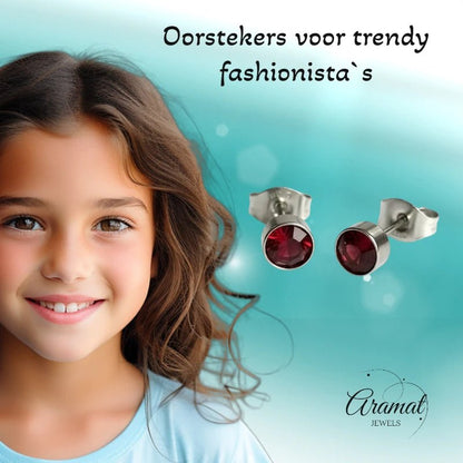 Oorstekers – Staal Kristal Rood Zilverkleur (5mm) - Aramat Jewels - Oorbellen - cadeautip