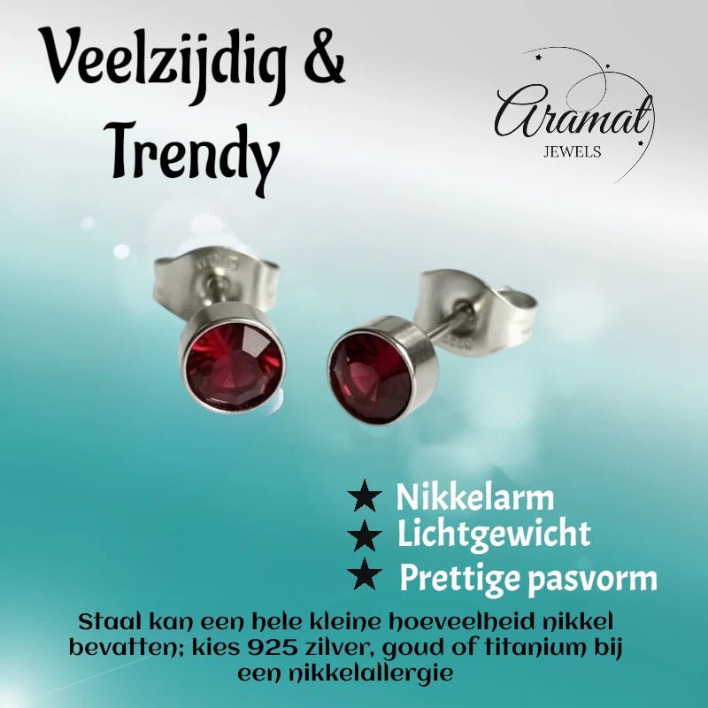 Oorstekers – Staal Kristal Rood Zilverkleur (5mm) - Aramat Jewels - Oorbellen - cadeautip