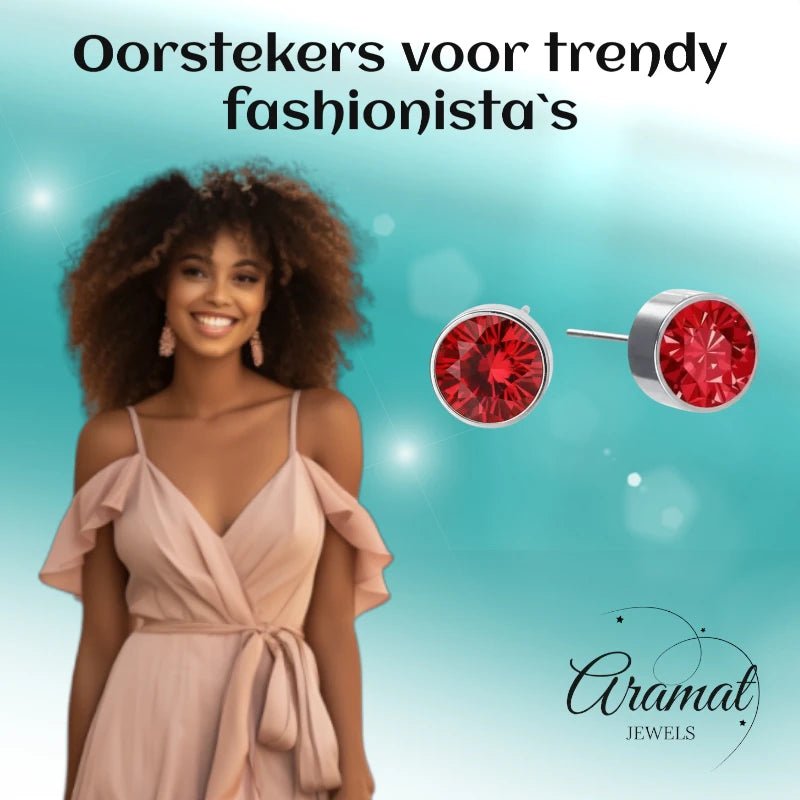Oorstekers – Staal Kristal Rood Zilverkleur (6mm) - Aramat Jewels - Oorbellen - cadeautip