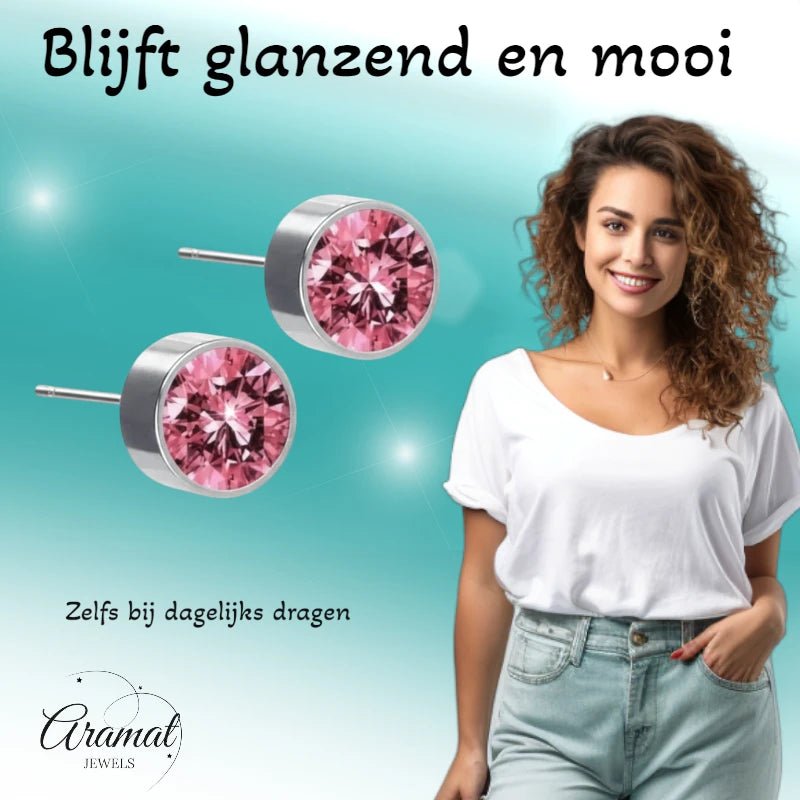 Oorstekers – Staal Kristal Roze Zilverkleur (6mm) - Aramat Jewels - Oorbellen - cadeautip