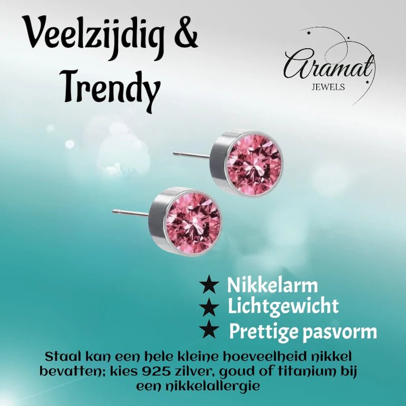 Oorstekers – Staal Kristal Roze Zilverkleur (6mm) - Aramat Jewels - Oorbellen - cadeautip