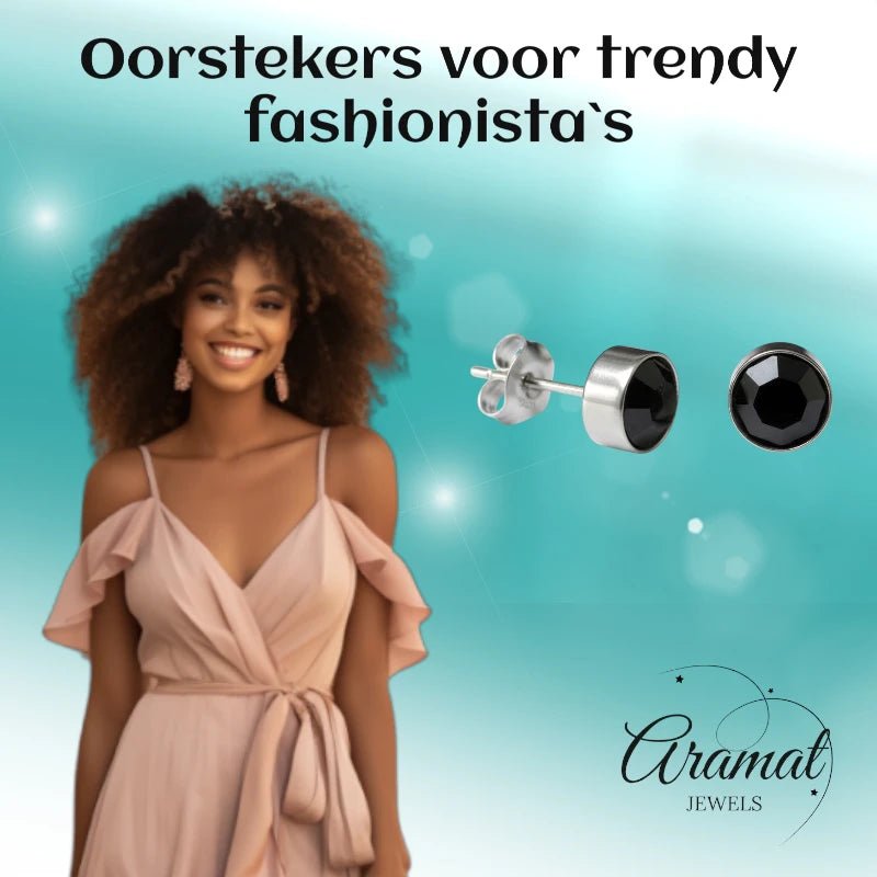 Oorstekers – Staal Kristal Zwart Zilverkleur (8mm) - Aramat Jewels - Oorbellen - cadeautip