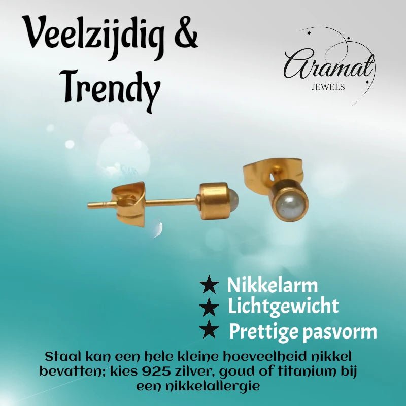Oorstekers – Staal Parel Lichtgroen Goudkleurig (4mm) - Aramat Jewels - Oorbellen - cadeautip