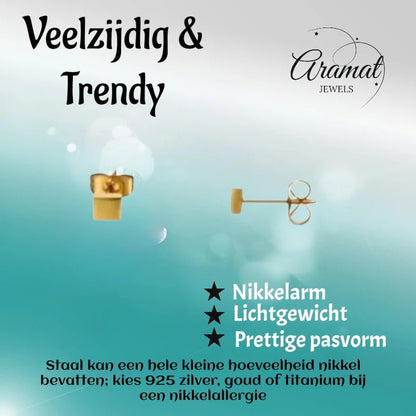 Oorstekers – Staal Vierkant Goudkleurig (3mm) - Aramat Jewels - Oorbellen - cadeautip