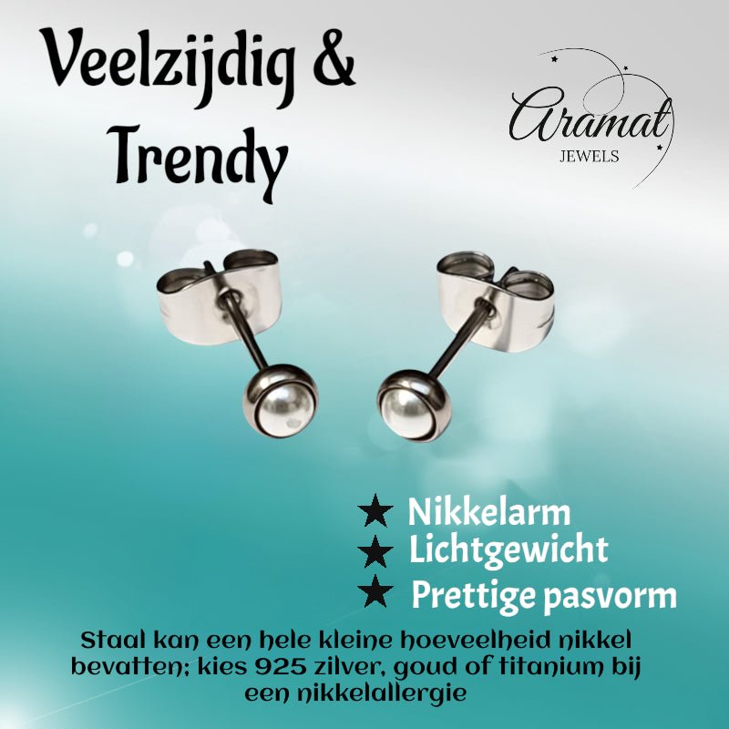 Oorstekers – Stalen Parel Wit Zilverkleurig (4mm) - Aramat Jewels - Oorbellen - cadeautip