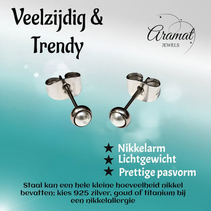Oorstekers – Stalen Parel Wit Zilverkleurig (4mm) - Aramat Jewels - Oorbellen - cadeautip