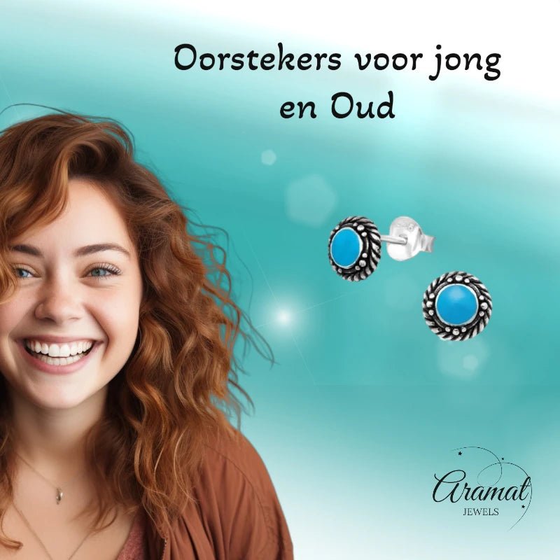 Oorstekers – Sterling Zilver Bali Etnisch Blauw Emaille 6mm Rond Geoxideerd - Aramat Jewels - Oorbellen - cadeautip