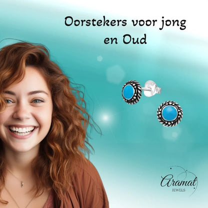 Oorstekers – Sterling Zilver Bali Etnisch Blauw Emaille 6mm Rond Geoxideerd - Aramat Jewels - Oorbellen - cadeautip