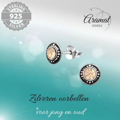 Oorstekers – Sterling Zilver Bali Etnisch Champagne Kristal 7mm Dames - Aramat Jewels - Oorbellen - cadeautip