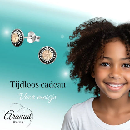 Oorstekers – Sterling Zilver Bali Etnisch Champagne Kristal 7mm Dames - Aramat Jewels - Oorbellen - cadeautip
