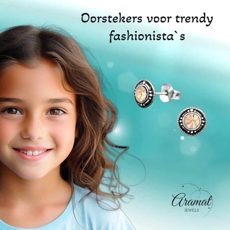 Oorstekers – Sterling Zilver Bali Etnisch Champagne Kristal 7mm Dames - Aramat Jewels - Oorbellen - cadeautip