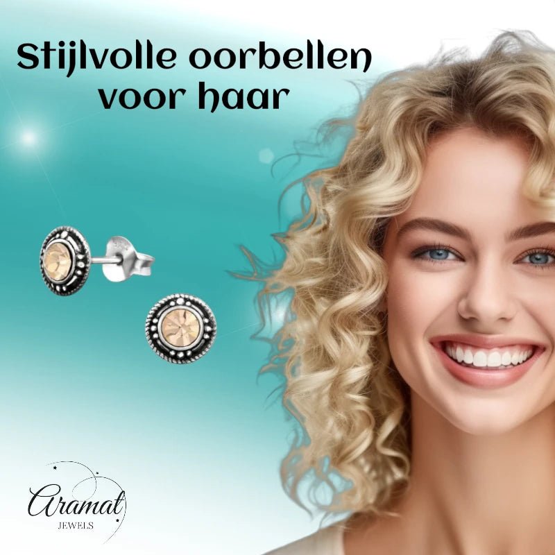 Oorstekers – Sterling Zilver Bali Etnisch Champagne Kristal 7mm Dames - Aramat Jewels - Oorbellen - cadeautip