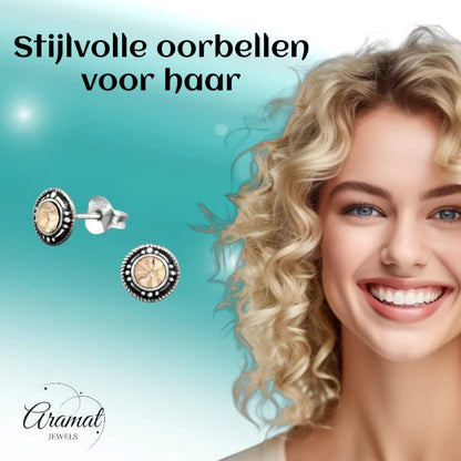 Oorstekers – Sterling Zilver Bali Etnisch Champagne Kristal 7mm Dames - Aramat Jewels - Oorbellen - cadeautip