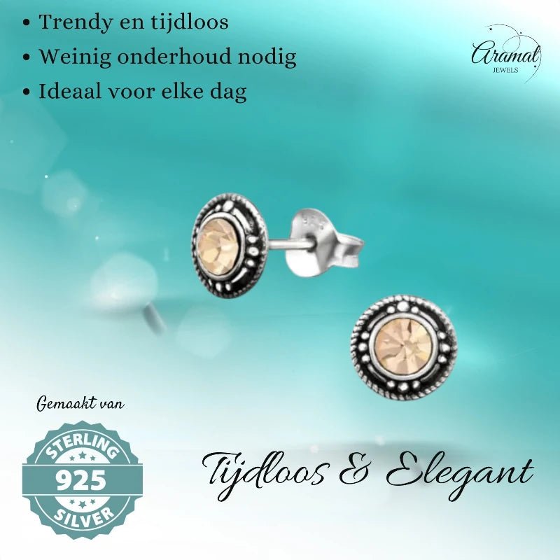 Oorstekers – Sterling Zilver Bali Etnisch Champagne Kristal 7mm Dames - Aramat Jewels - Oorbellen - cadeautip